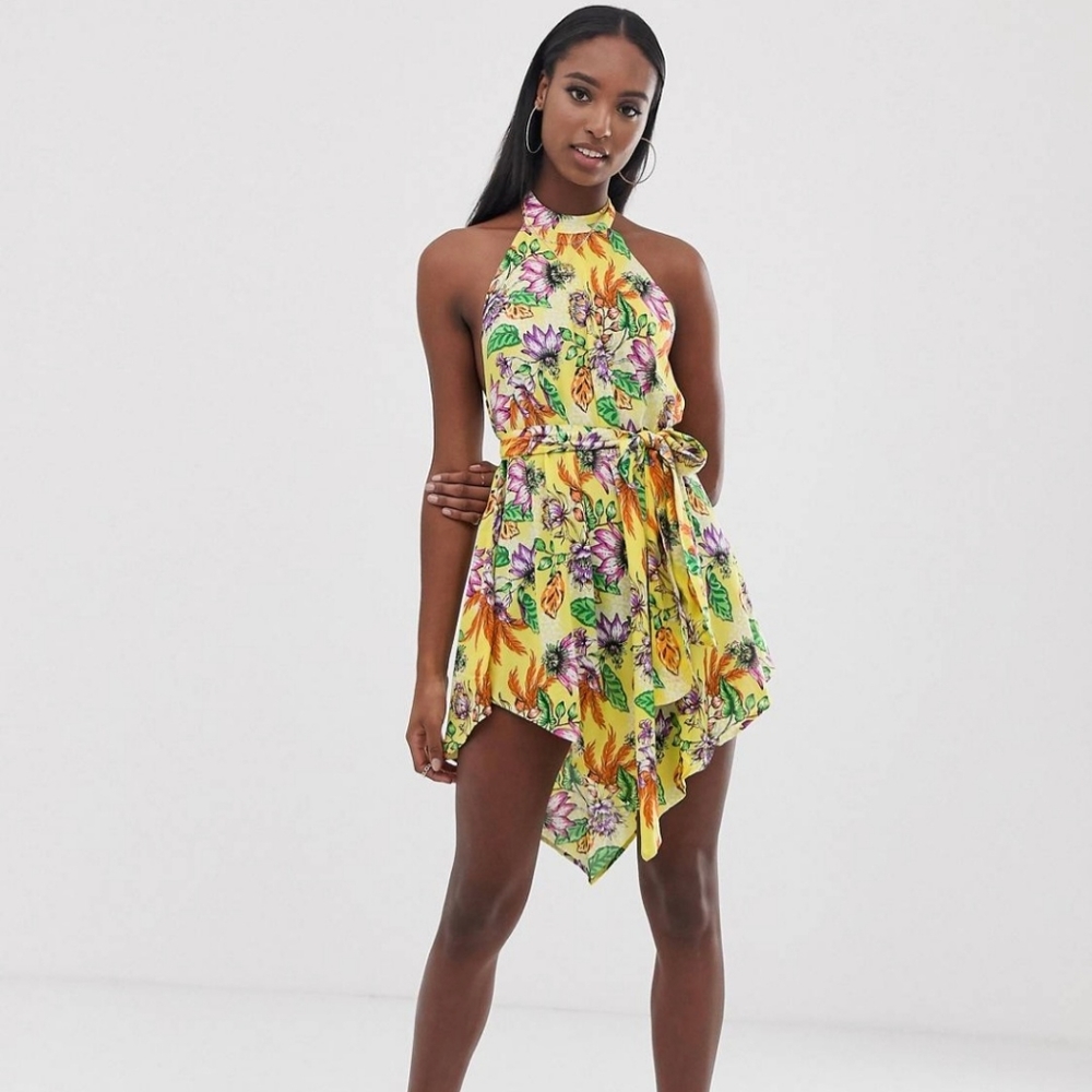 ASOS DESIGN Tall high neck hanky hem beach dress in yellow tropical print
